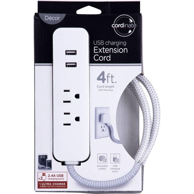 Cordinate 4' 2 Outlet 2 USB 2.4A Extension Cord Braided Gray/White