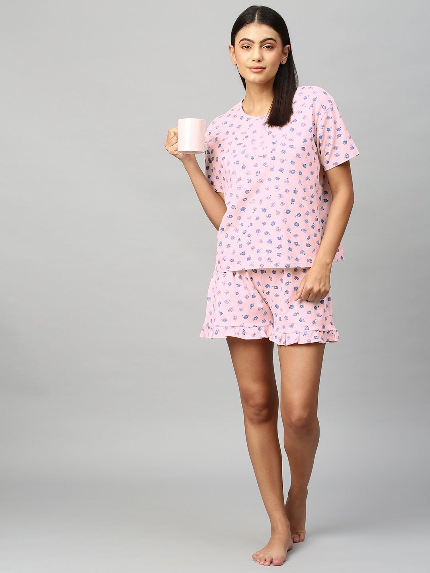 Chemistry Pink Cotton Floral Print T-Shirt With Shorts