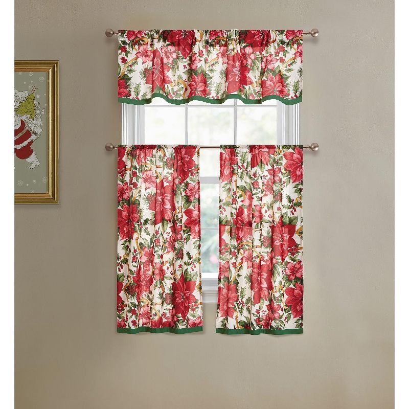 Kate Aurora Holiday Living Classic Poinsettia Complete 3 Piece Christmas Kitchen Curtain Tier & Valance Set - 58 in. W x 36 in. L