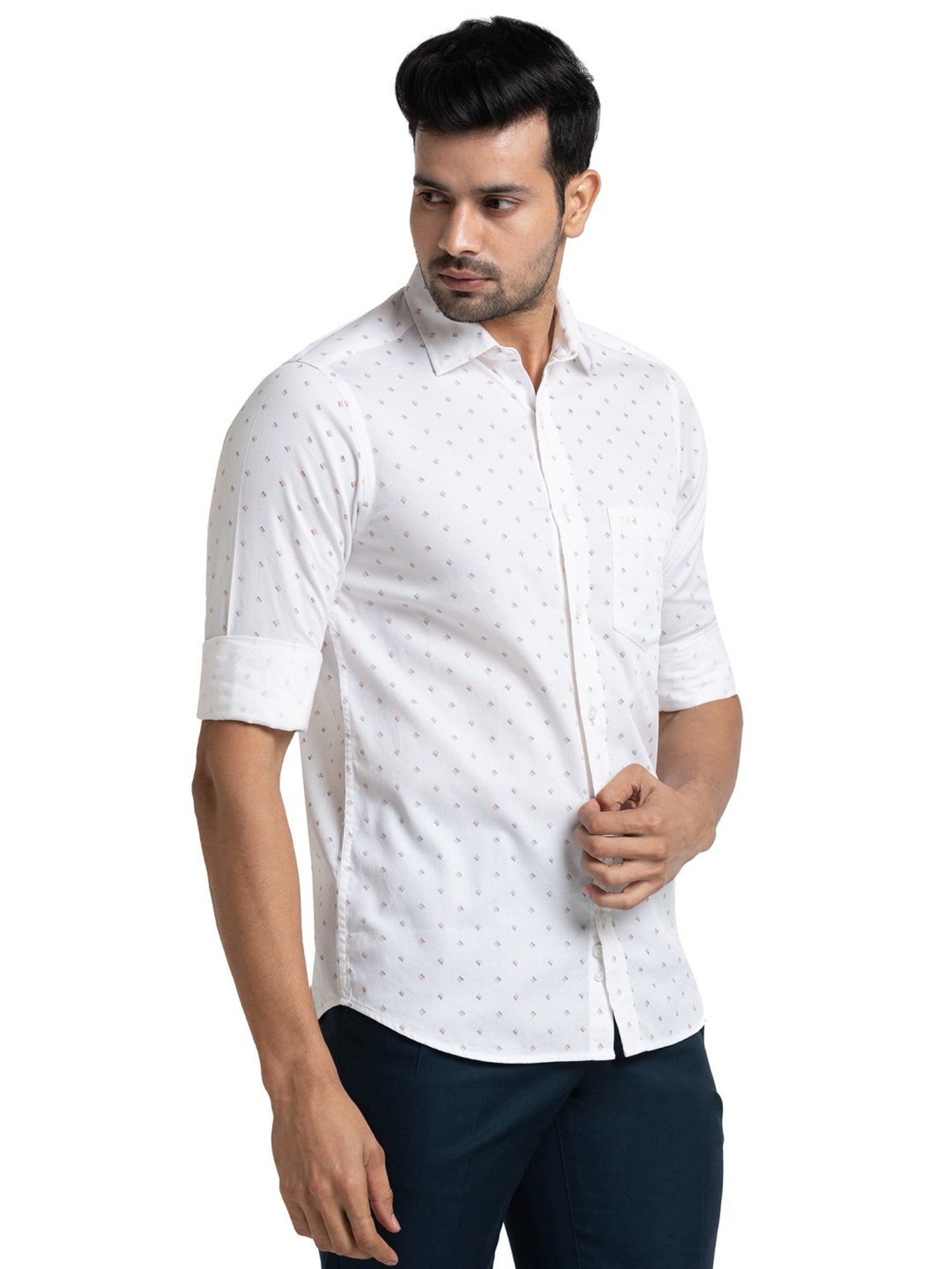 ColorPlus White Cotton Tailored Fit Printed Shirt