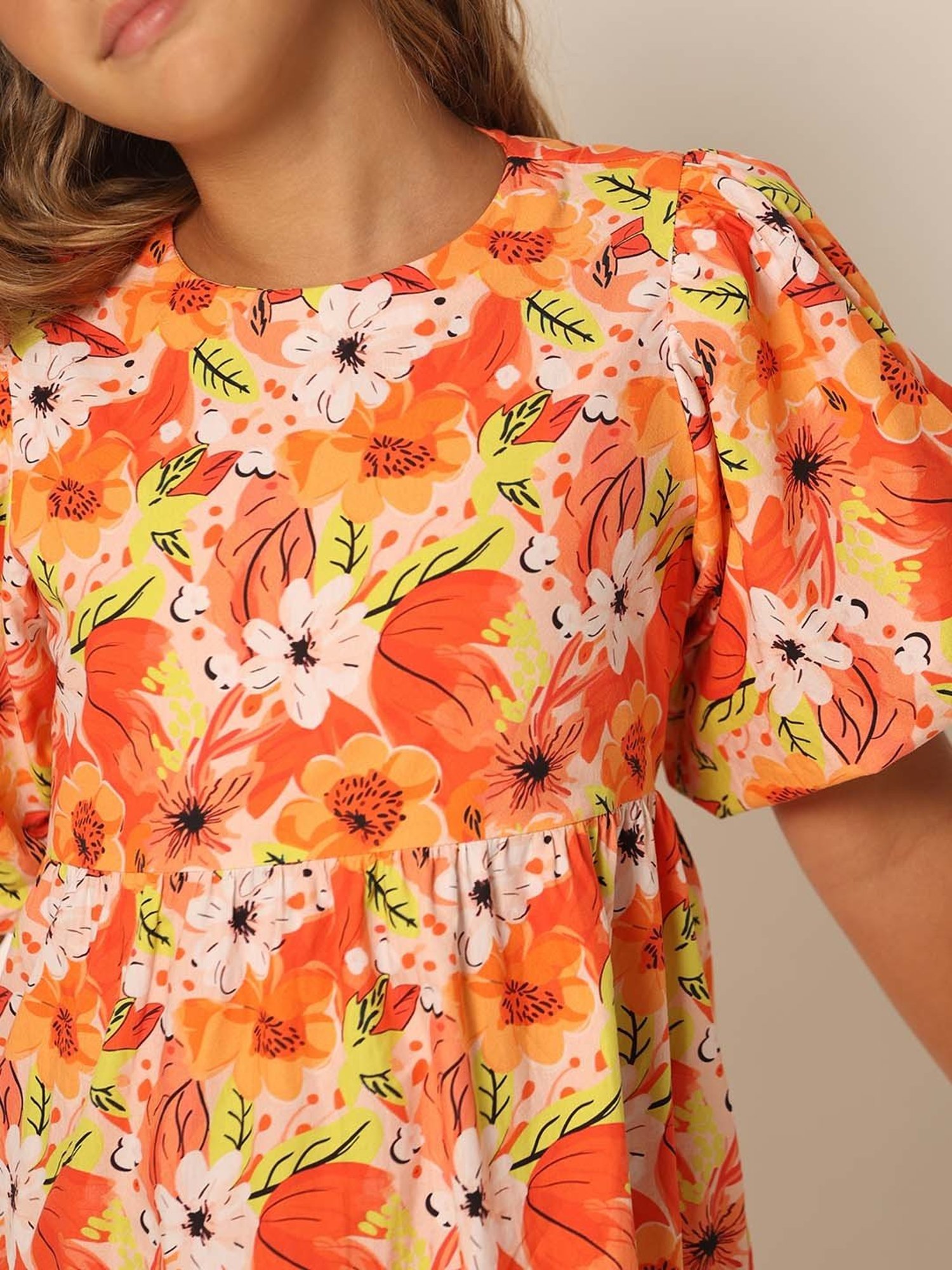 VERO MODA GIRL Orange Cotton Floral Print Dress