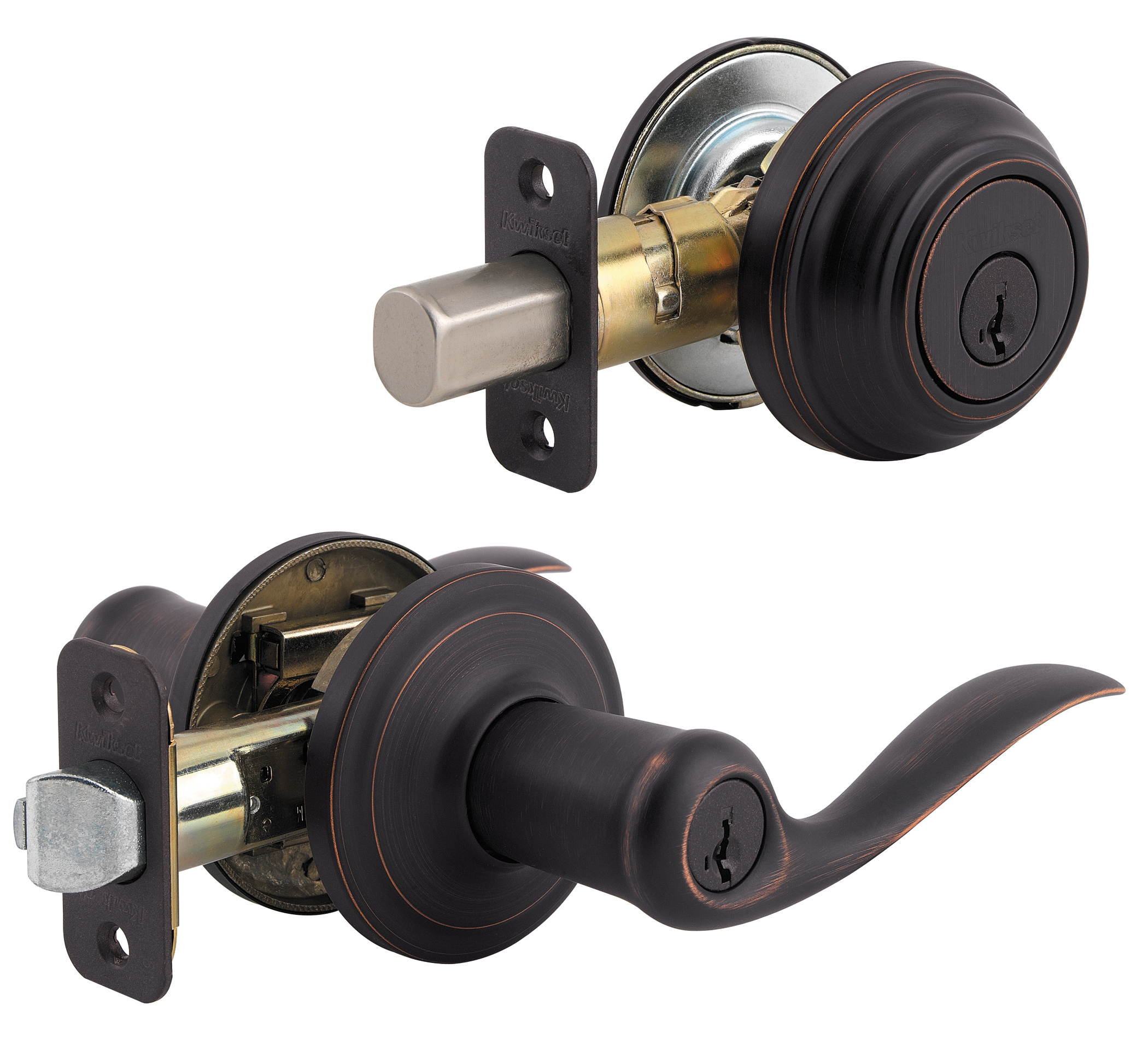 Kwikset 991TNL 11P SMT CP Tustin Entry Lever and Single Cylinder Deabolt Combo Pack feat SmartKey in Venetian Bronze