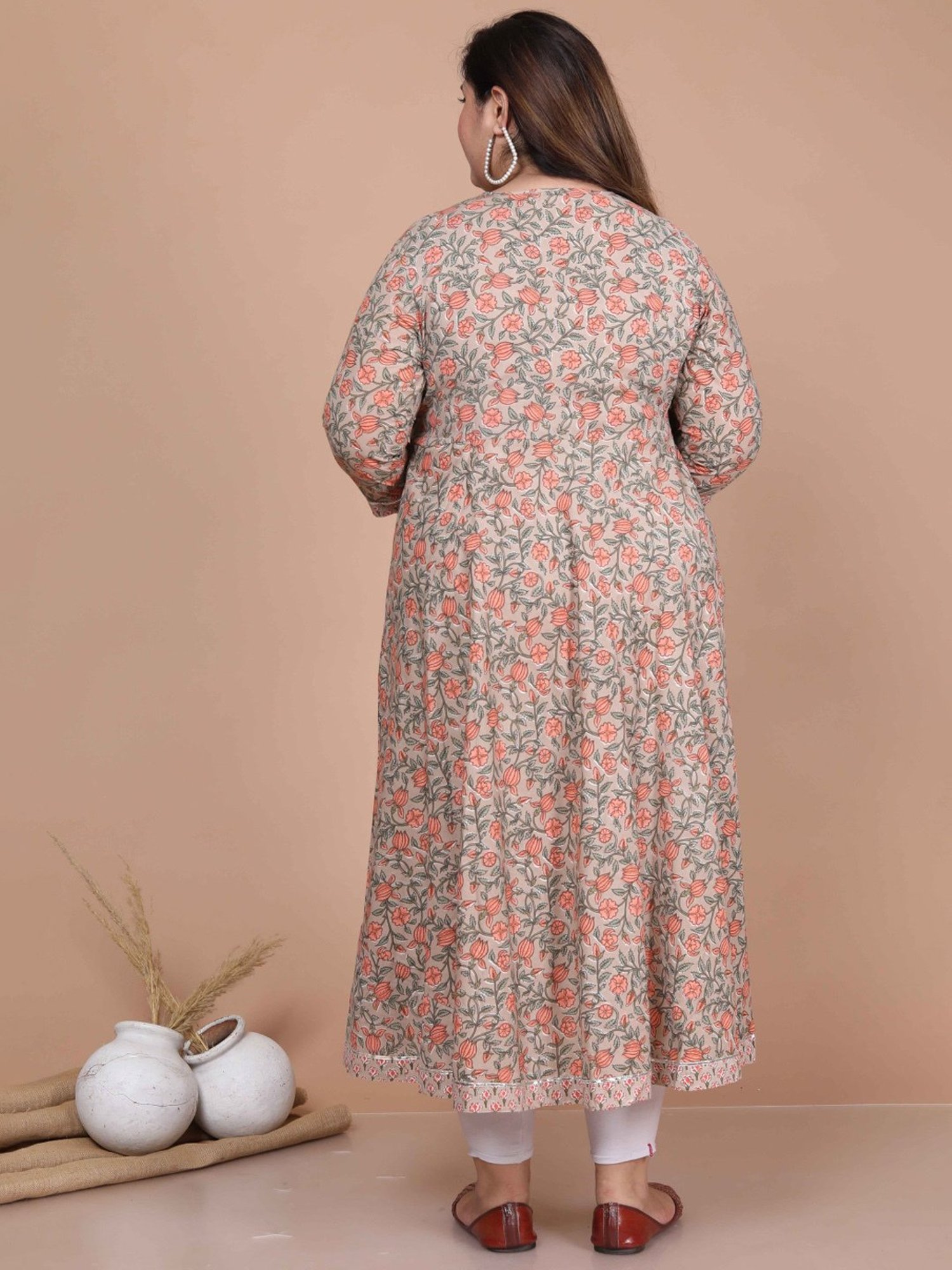 Miravan Beige Cotton Floral Print A Line Kurta With Dupatta