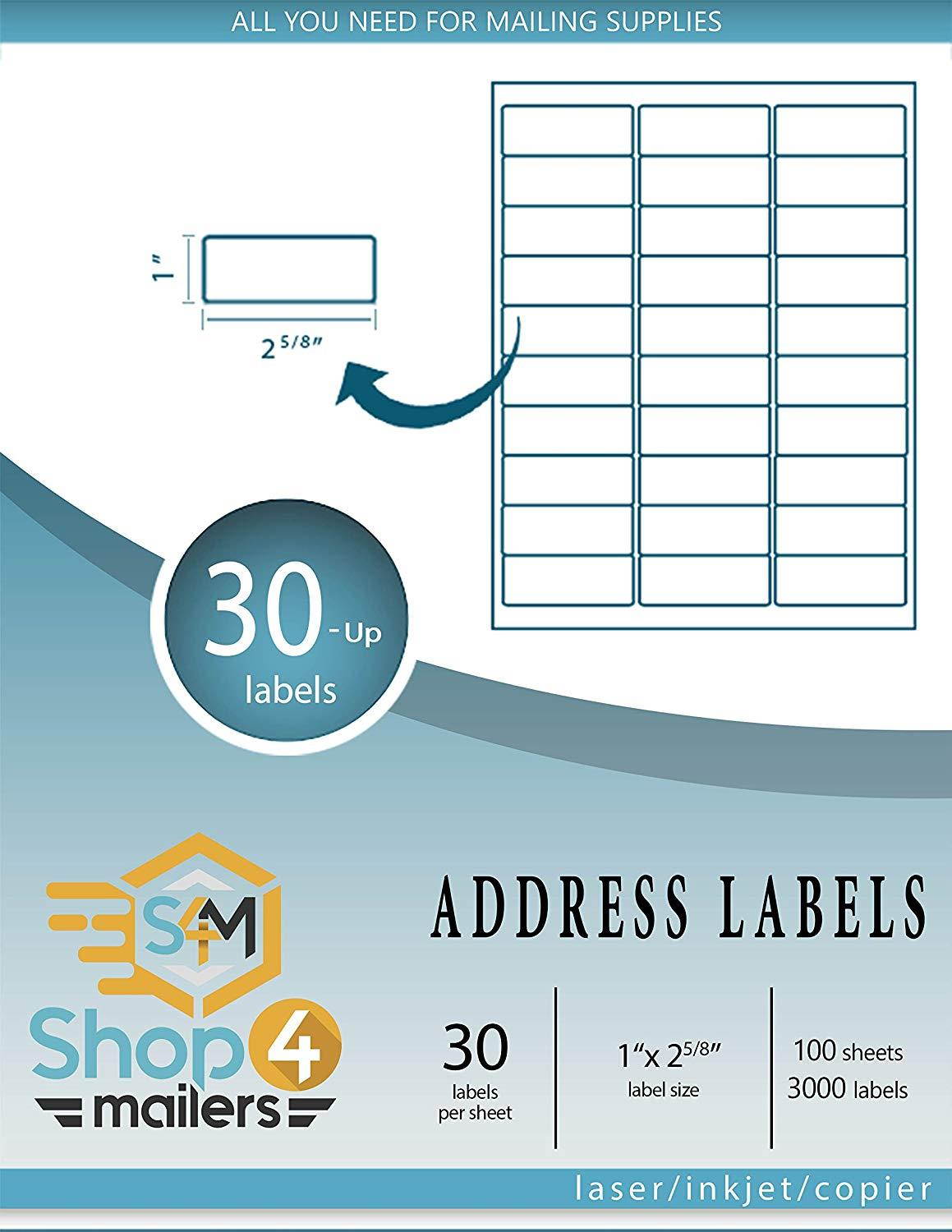 Shop4Mailers 30-Up White Shipping Labels 1" x 2 5/8" ~ 1000 Sheets, 30000 Labels