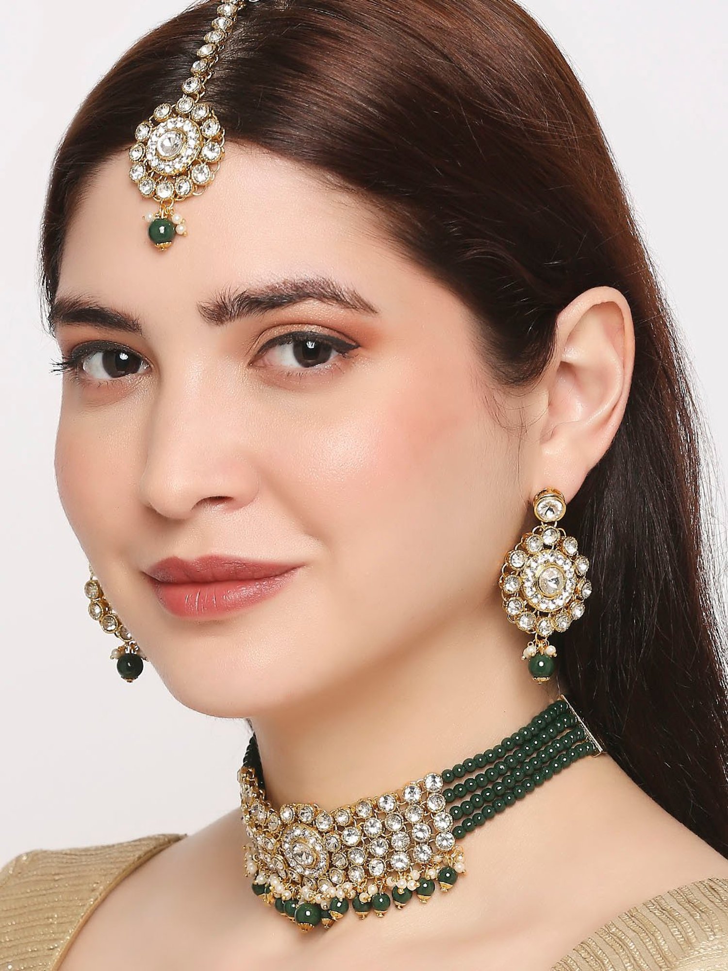 OOMPH Green Beads & Kundan Multi Layer Choker Necklace Set with Drop Earrings & Maangtikka