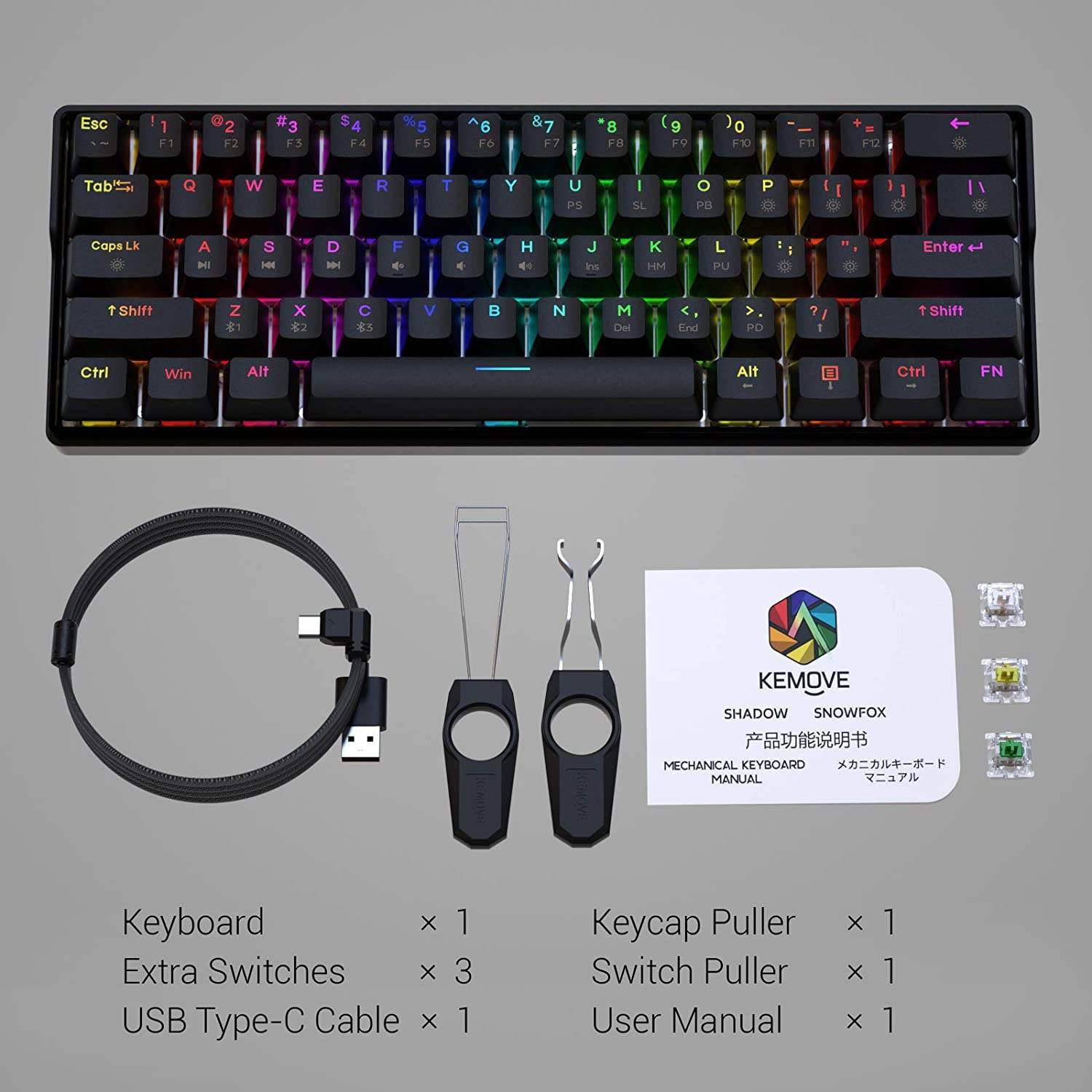 KEMOVE 61 Shadow hot swappable Bluetooth 5.1 Wireless/Wired 60% RGB Mechanical Gaming Keyboard, PBT Keycap, Full Keys Programmable for Win/Mac - Black (Gateron White Mechanical Switch)