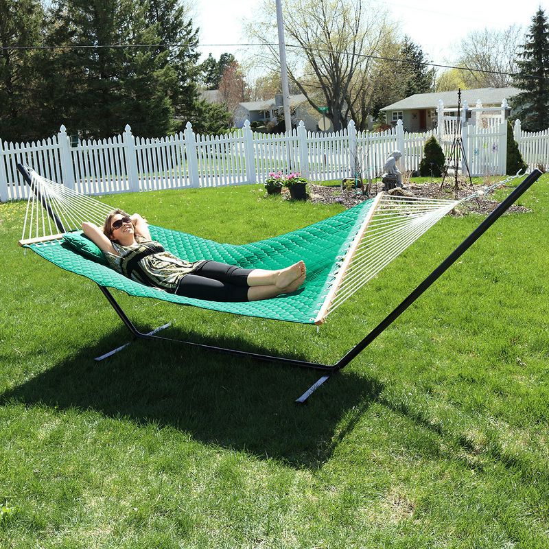 Sunnydaze 2-Person Heavy-Duty Quilted Design Double Hammock with Stand - 350 lb Weight Capacity - Green