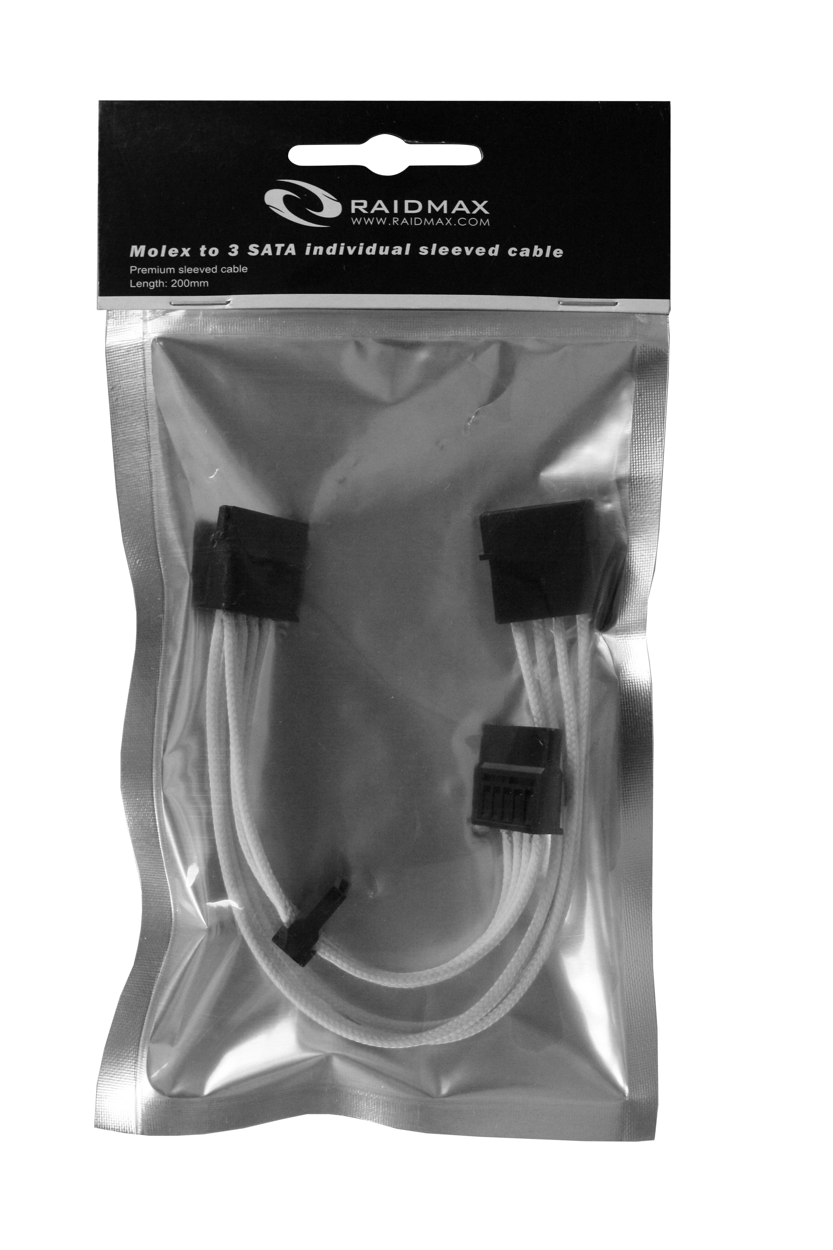 Sleeved 4-pin Molex to 3 x SATA connectors cable 8 inches long by Raidmax