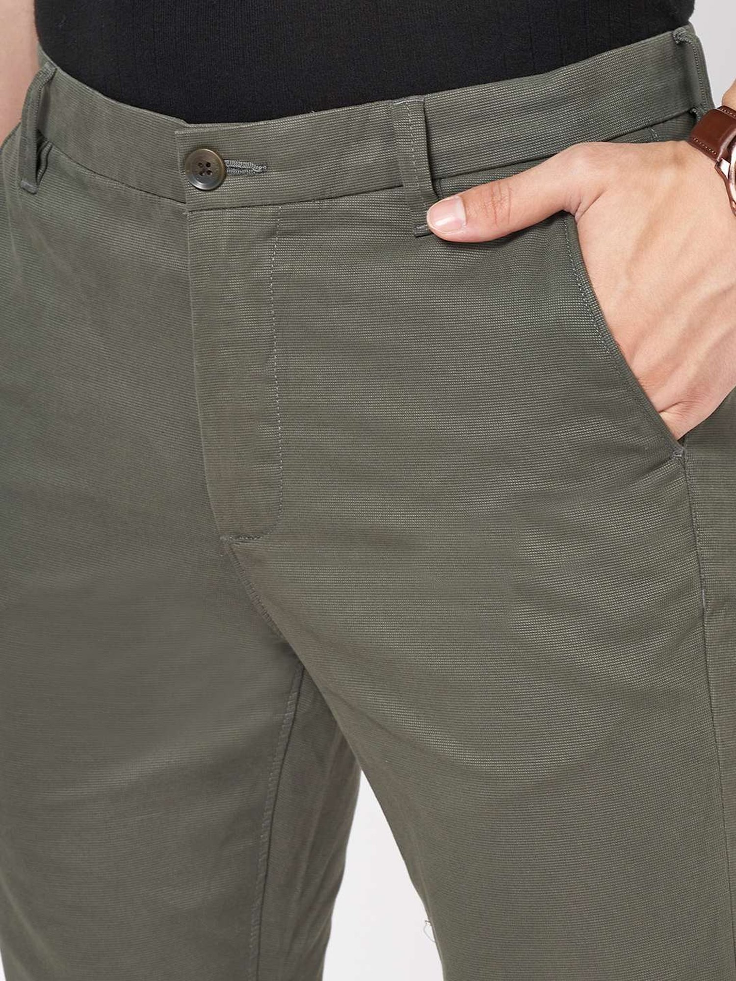 Byford By Pantaloons Green Cotton Slim Fit Texture Trousers