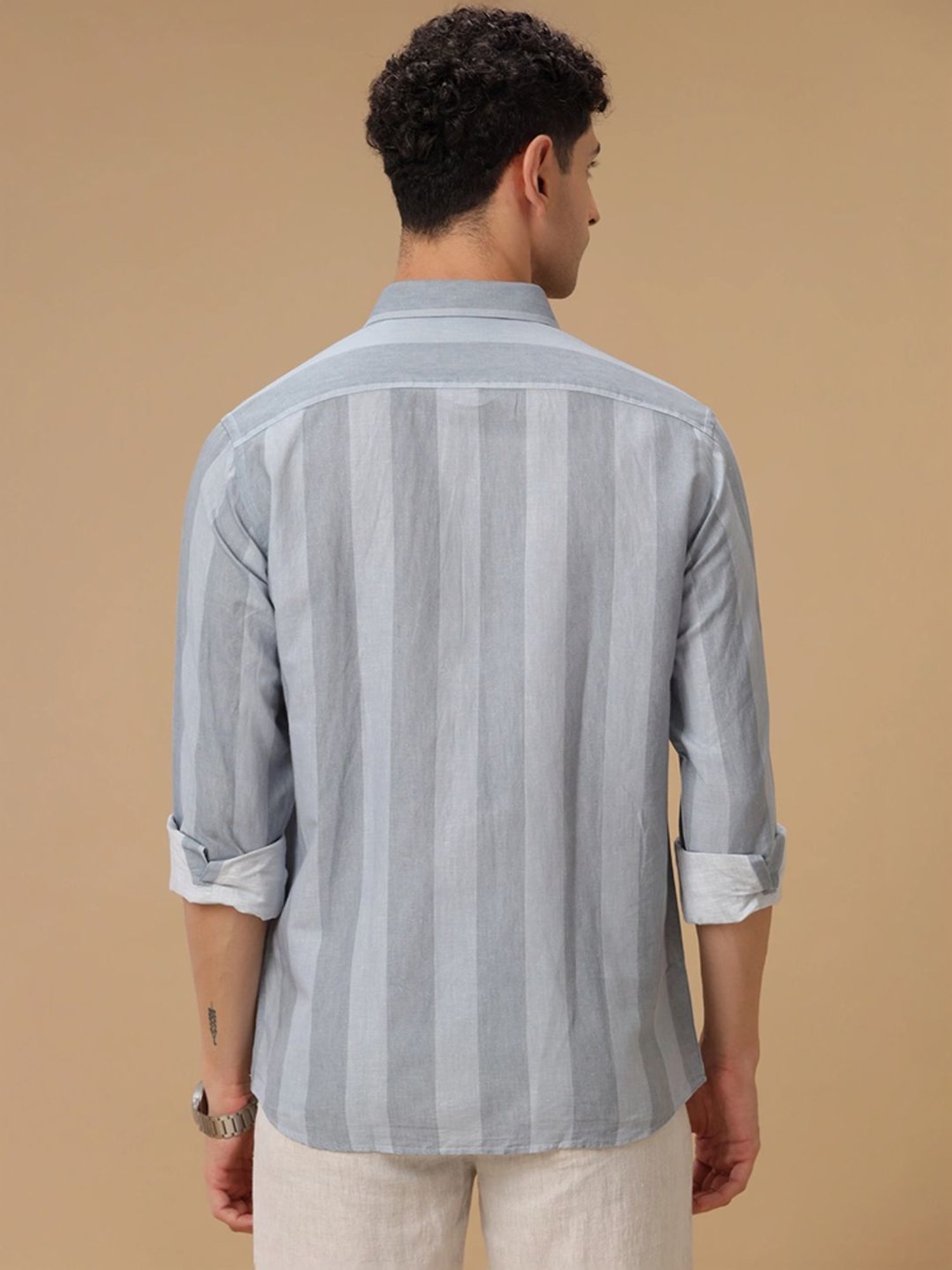 Linen Club Grey Contemporary Fit Striped Shirt