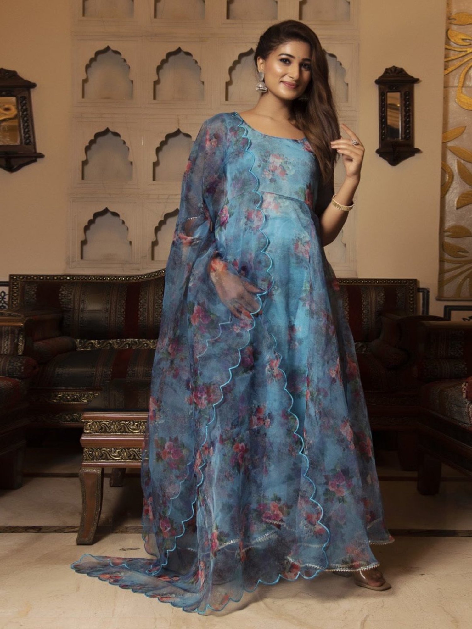 Calmna Blue Bloom Floral Anarkali Suit Set with Scalped Dupatta