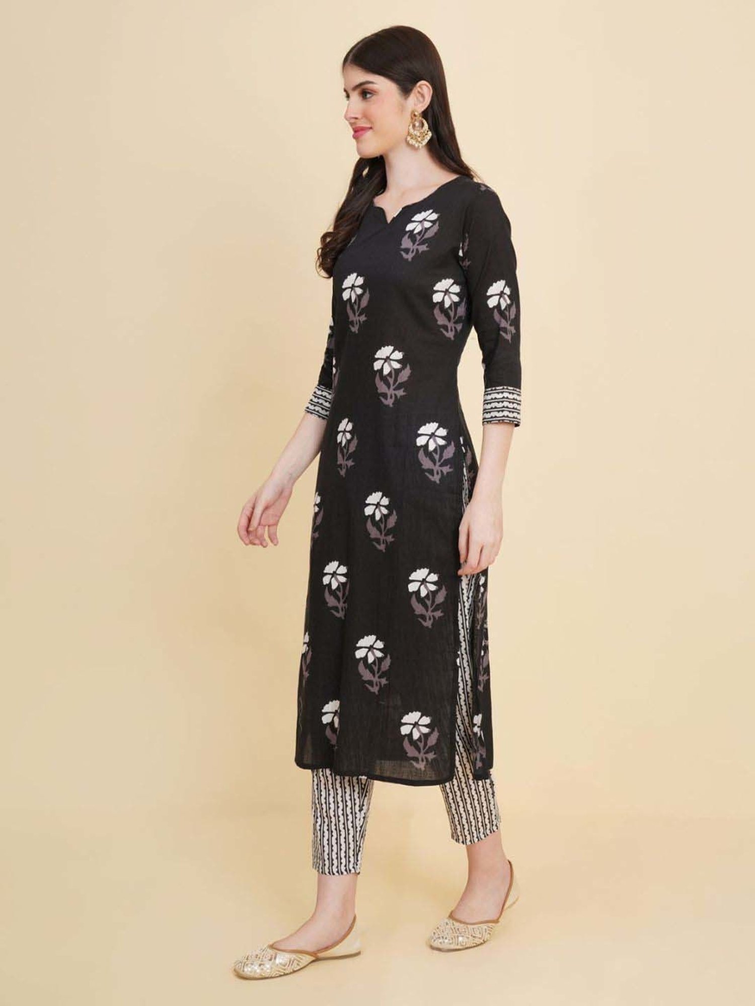 Odette Black Floral Print Kurta & Pant Set with Dupatta