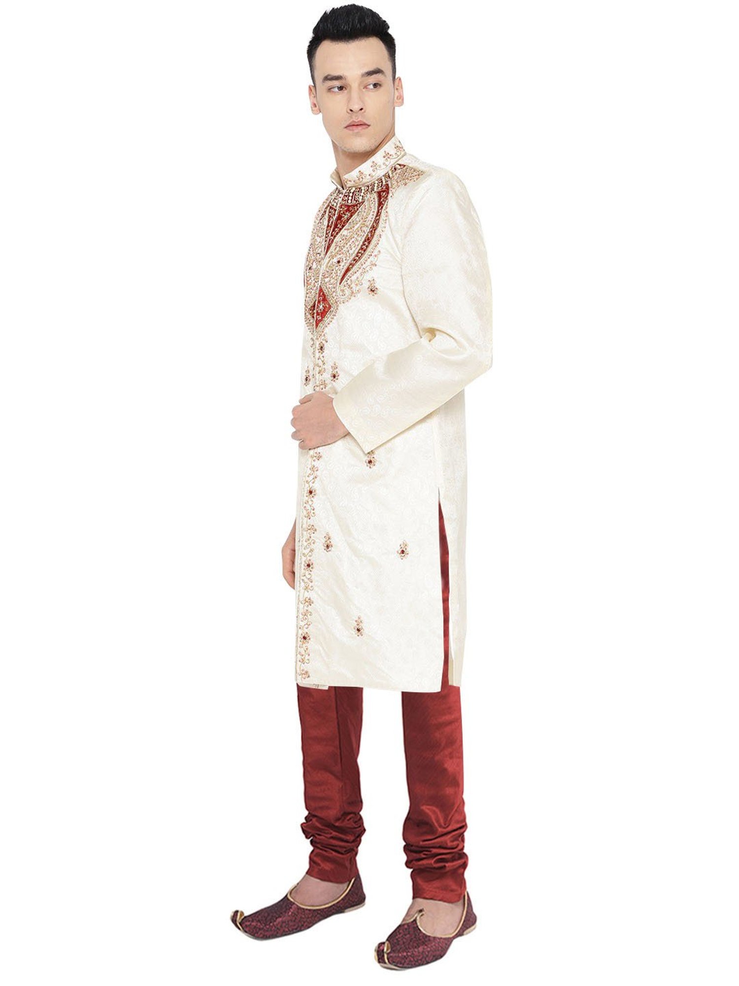 SG LEMAN Cream Regular Fit Embellished Sherwani Set