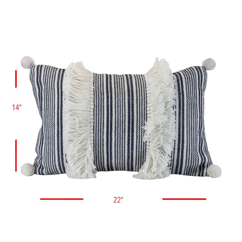 Blue Striped Hand Woven 14x22" Outdoor Decorative Throw Pillow with Hand Tied Tassels and Pom Poms - Foreside Home & Garden
