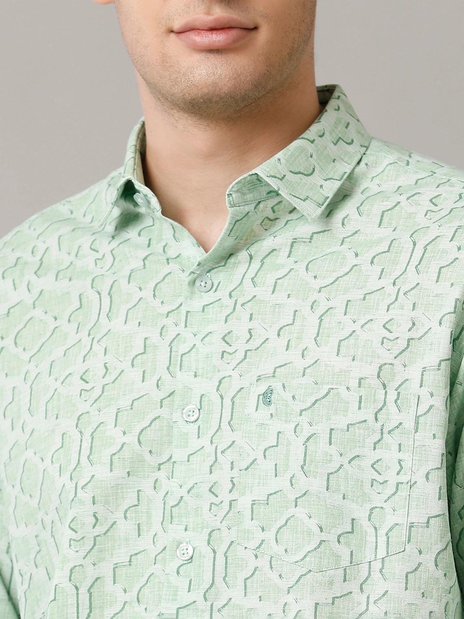 Cavallo By Linen Club Green Linen Contemporary Fit Printed Shirt