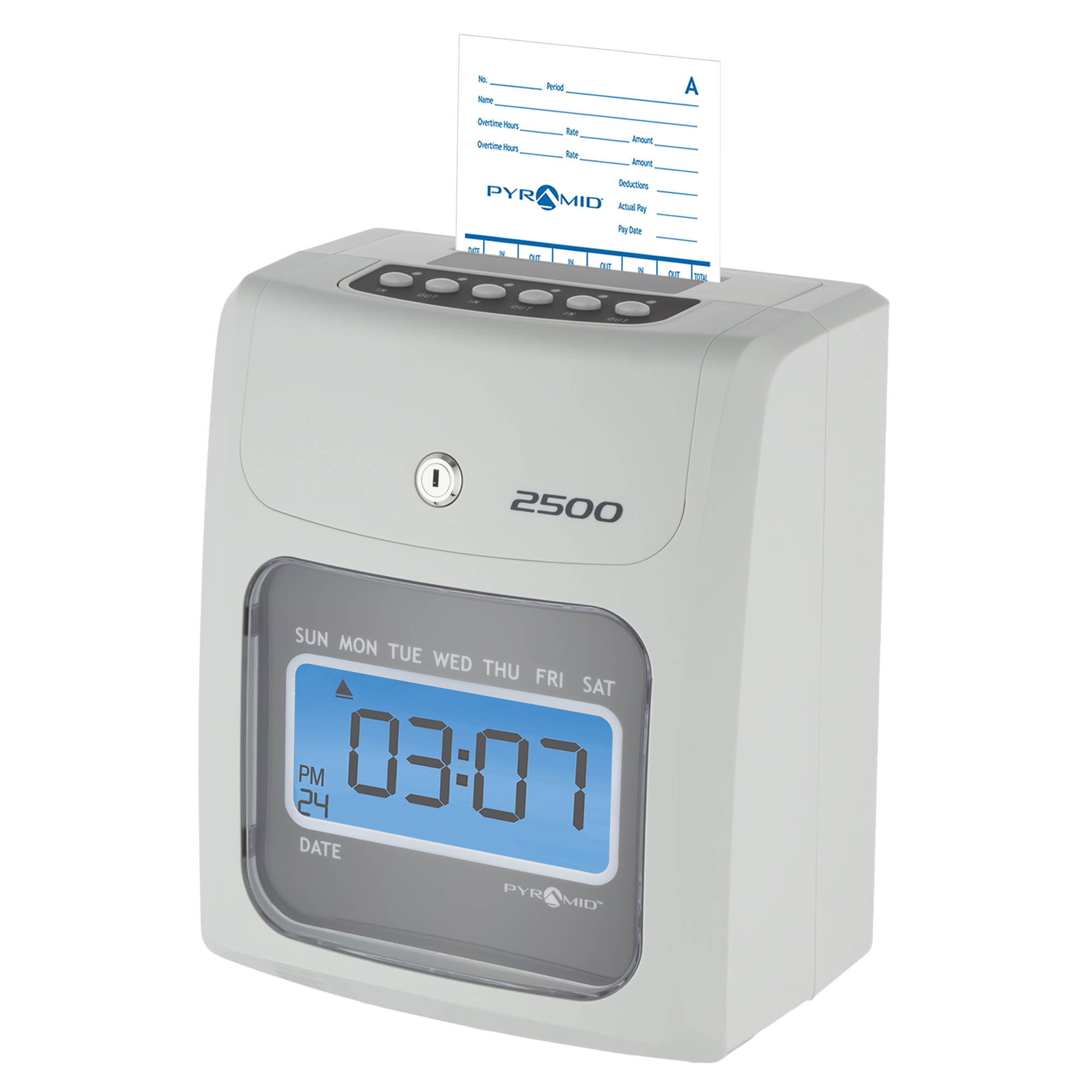 Pyramid Time Systems 2500K1 Bundle, Includes Model 2500 Auto Aligning and Top Loading Time Clock, 100 time Cards, Two Ink Ribbon cartridges, one 10 Slot time Card Rack and Two Security Keys