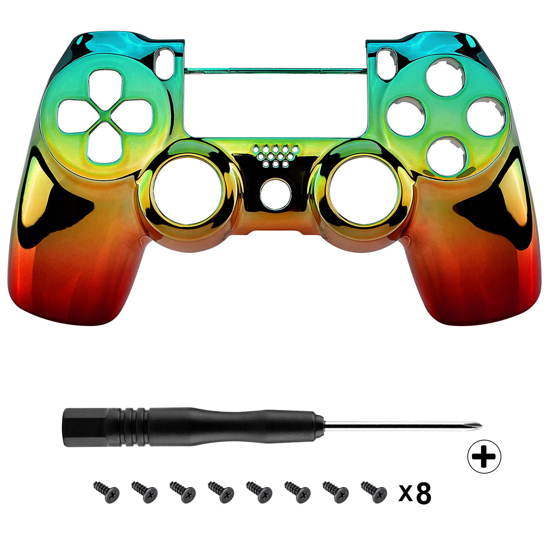eXtremeRate Tri-Color Gradients Faceplate Cover, Chrome Cyan Gold Red Front Housing Shell Case Replacement Kit for Playstation 4 PS4 Slim PS4 Pro Controller (CUH-ZCT2 JDM-040 JDM-050 JDM-055)