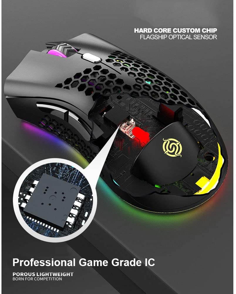 Lightweight Gaming Mouse, Honeycomb Design Rechargeable 2.4G Wireless Gaming Mouse with USB Receiver RGB Backlight Computer Mouse for Laptop PC