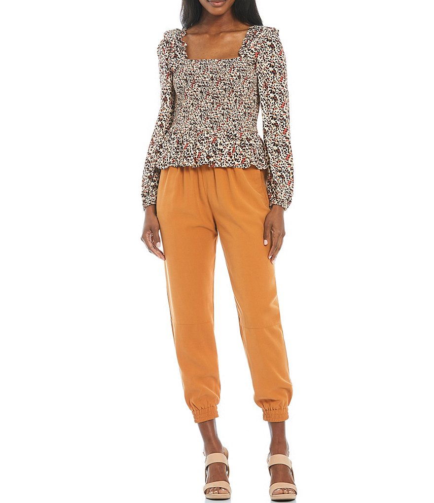 Gibson & Latimer Square Neck Long Sleeve Smocked Peplum Print Top