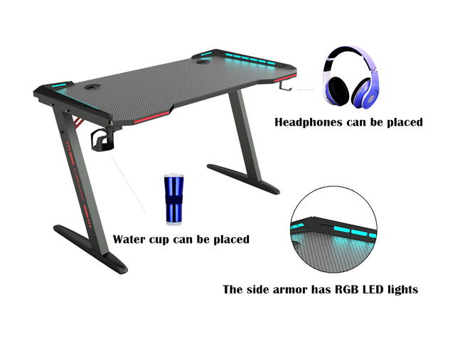 Gaming Desk, 55 Inch Gaming Table, PC Computer Workstation with LED RGB Lights, Headphone Hook and Cup Holder for Home, Black