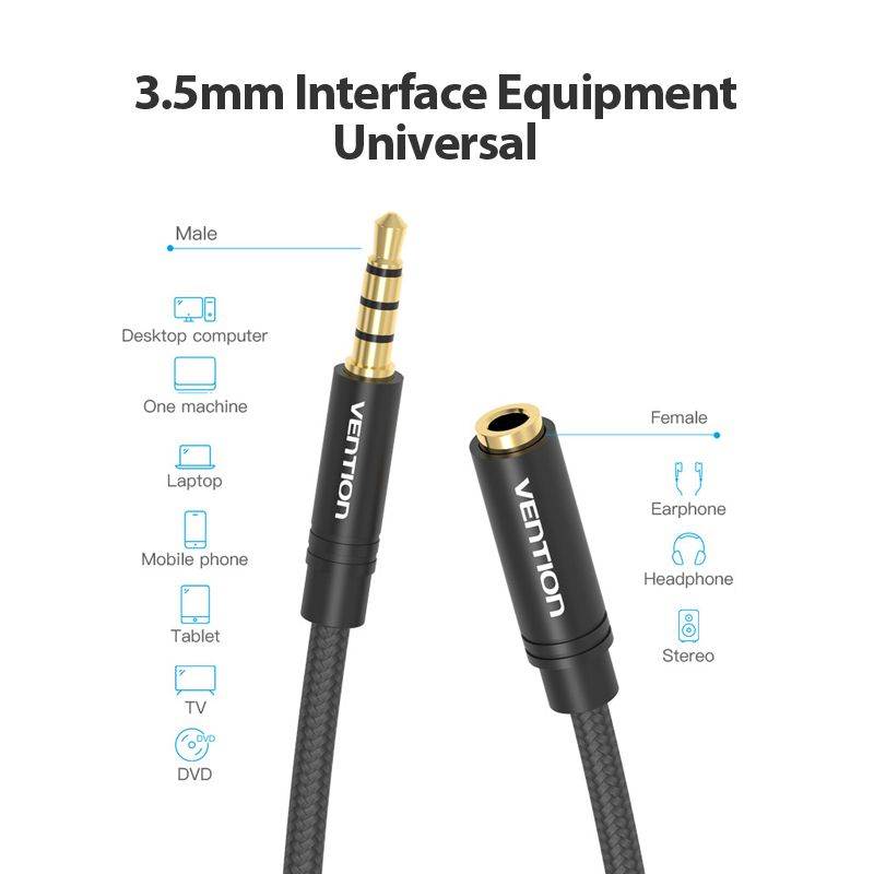 VENTION 3.5mm Aux Extender Cable 3 Ring 4 Pole Male to Female Stereo Audio Cable Gold Plated Compatible with Laptop, Smartphones, Headphones, Tablets