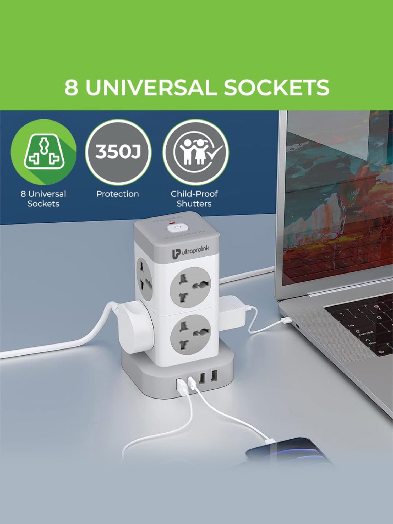 ULTRAPROLINK UM1155U Surge Protector & Spike Guard with 8 Sockets, 3 USB-A+1 Type C 3.4A (White)