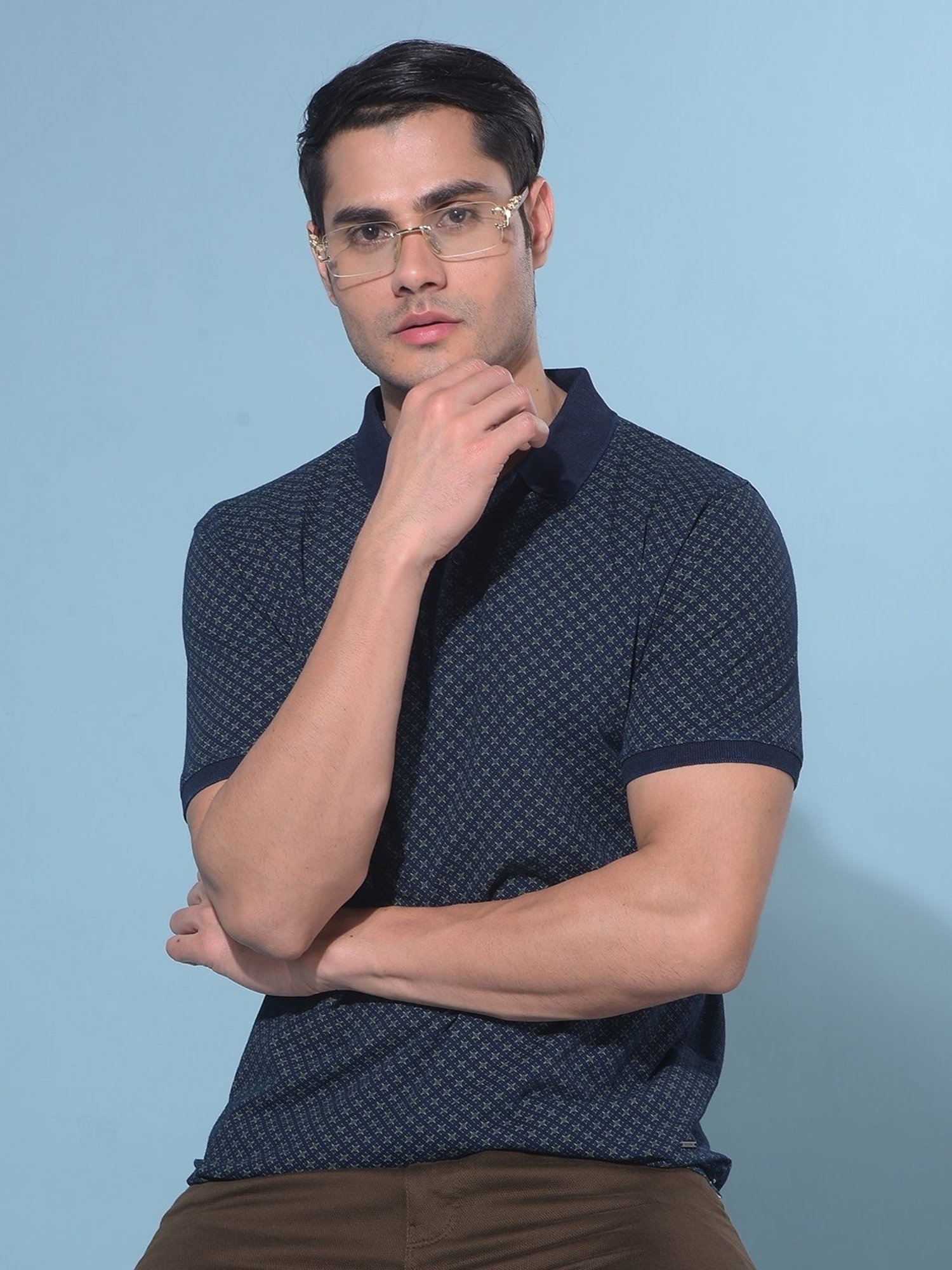 Crimsoune Club Navy Blue Cotton Slim Fit Printed Polo T-Shirt