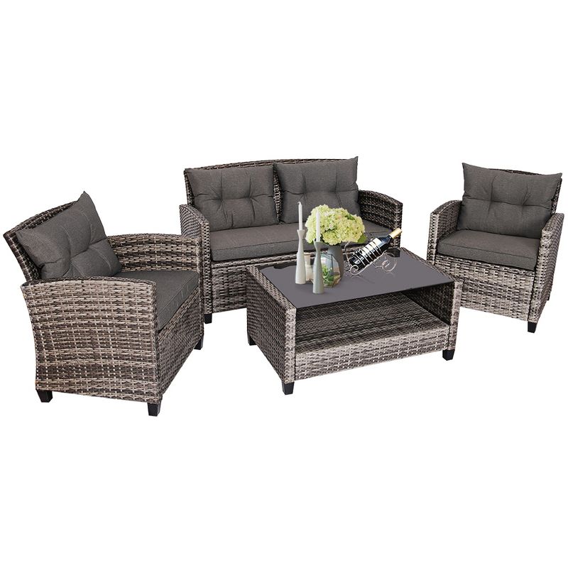 Costway 4PCS Patio Rattan Furniture Set Coffee Table Cushioned Sofa Garden Lawn Gray