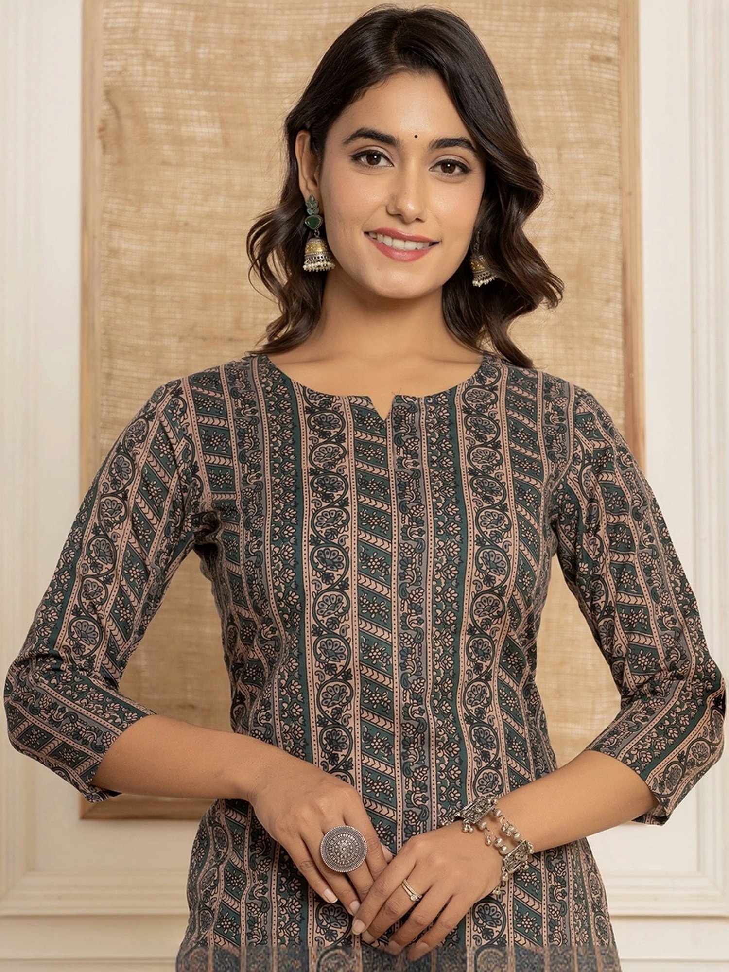 Yufta Teal Green Cotton Printed Kurta Harem Pant Set