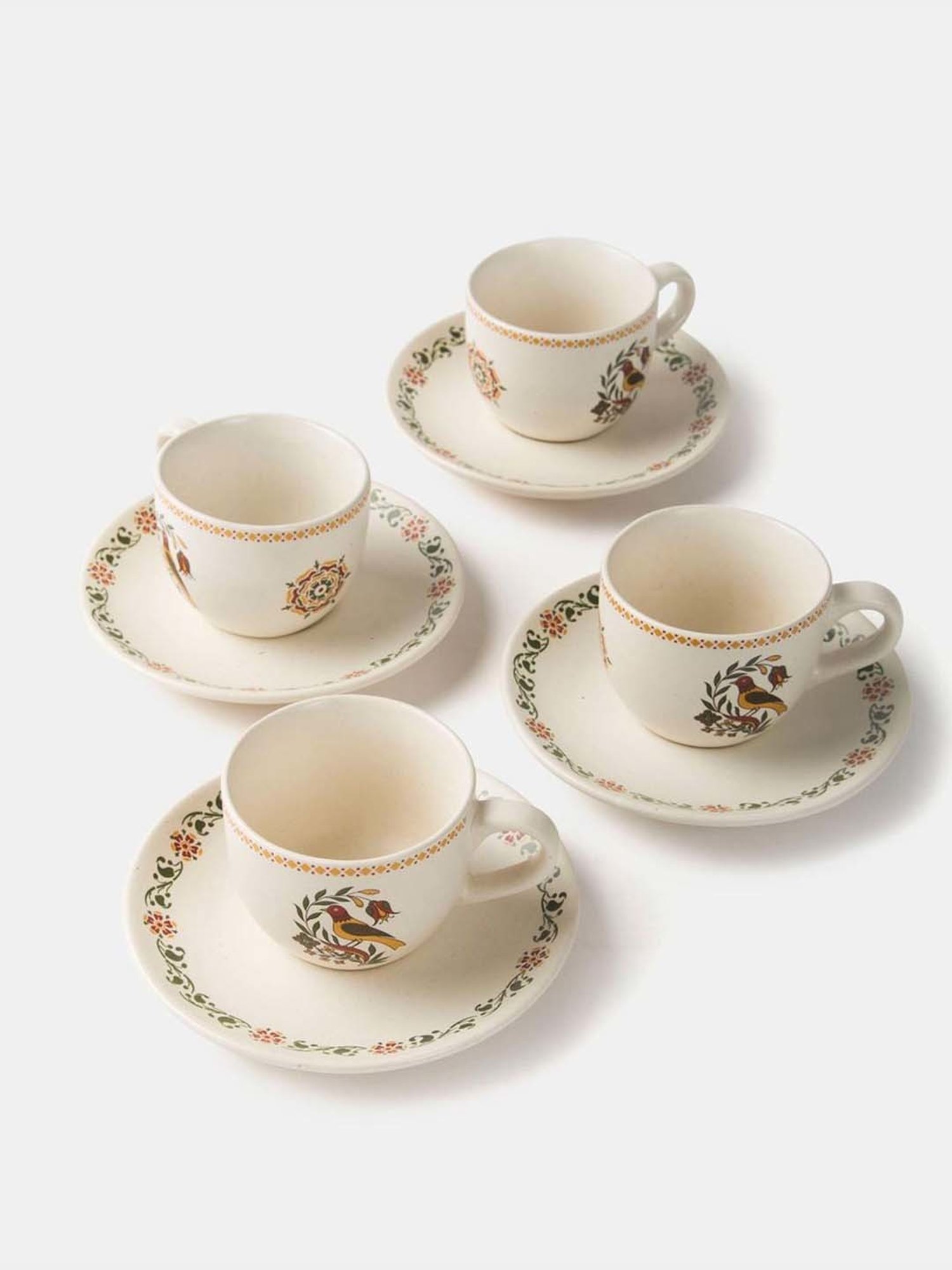 Fabindia Home Pushp Multicolor Ceramic Casted Cup & Saucer (180ml) - Set of 8