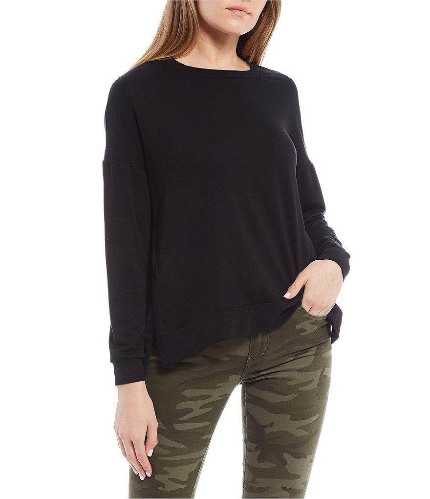 Moa Moa Long-Sleeve Side-Slit Knit Sweatshirt