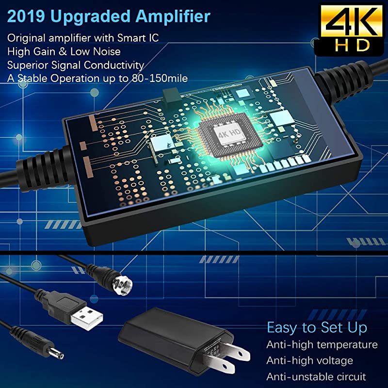 Upgraded HD Digital TV Antenna Up to 300 Miles Range, Support 4K 1080P & All Old TVs 360&deg; Reception, Indoor/Outdoor Digital Antenna with Smart Amplifier Signal Booster/33ft Coax Cable (White)