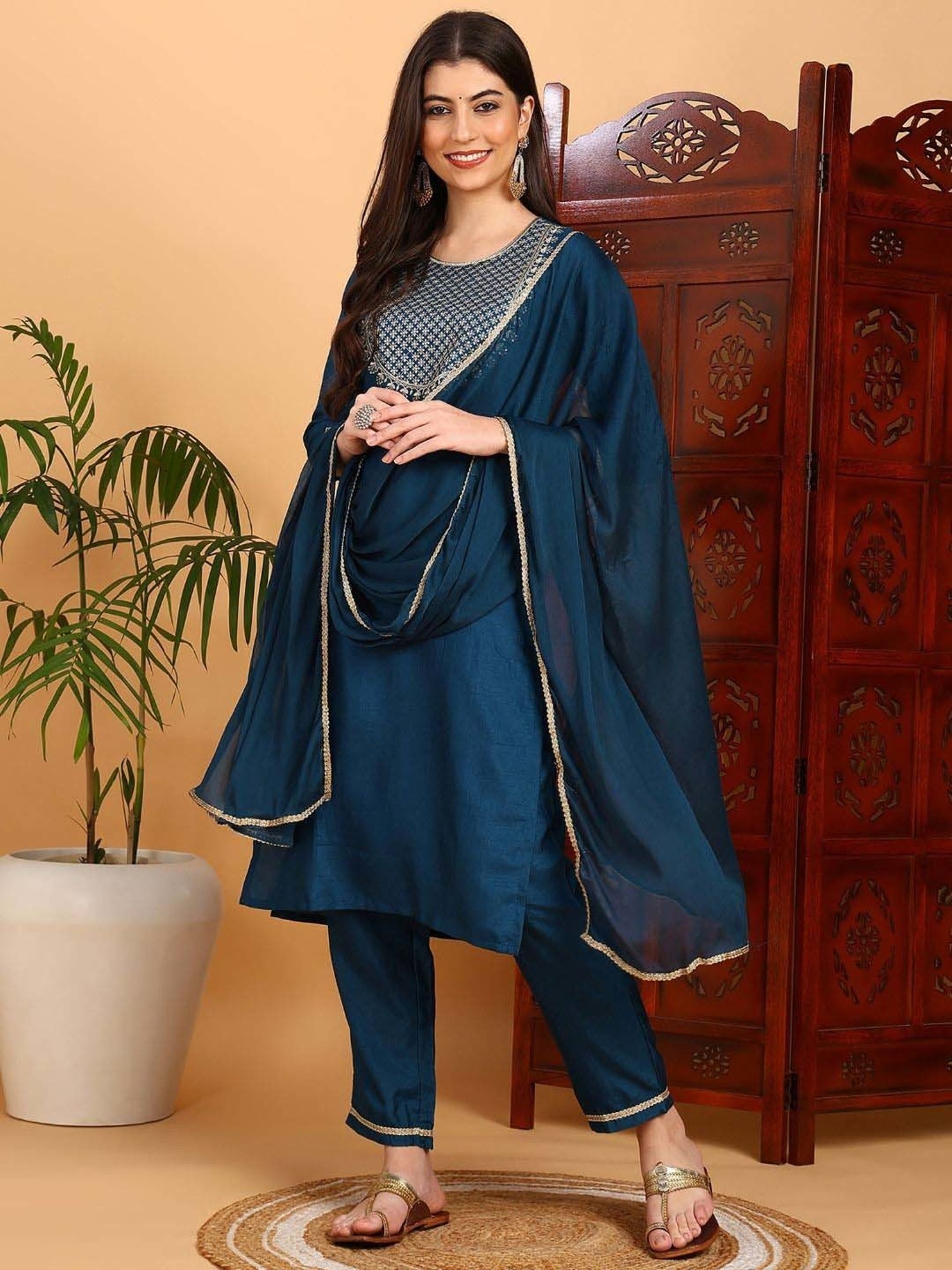Vaamsi Teal Blue Embroidered Kurta Pant Set With Dupatta