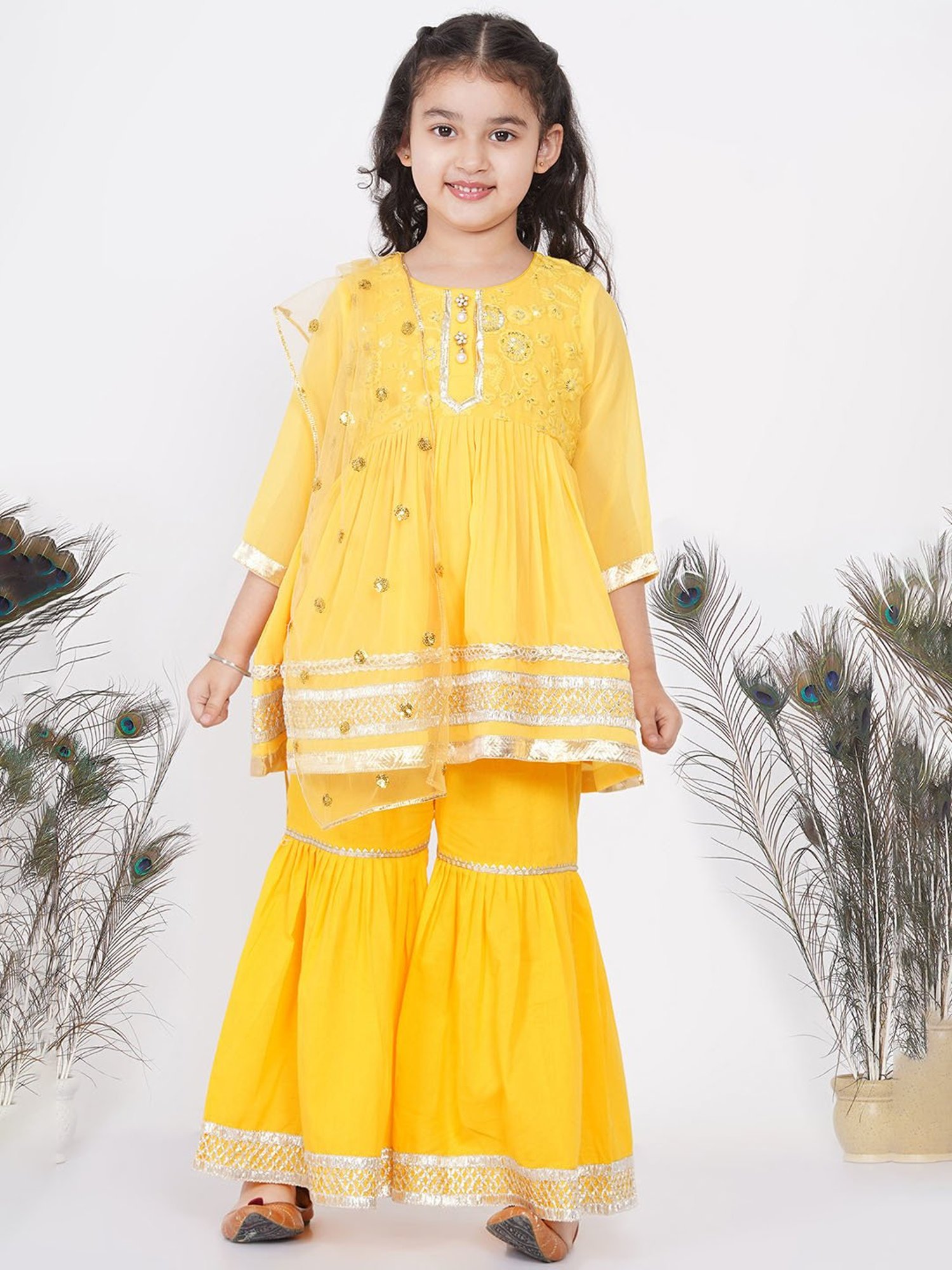 Little Bansi Yellow Embellished 1 Kurta, 1 Sharara & 1 Dupatta