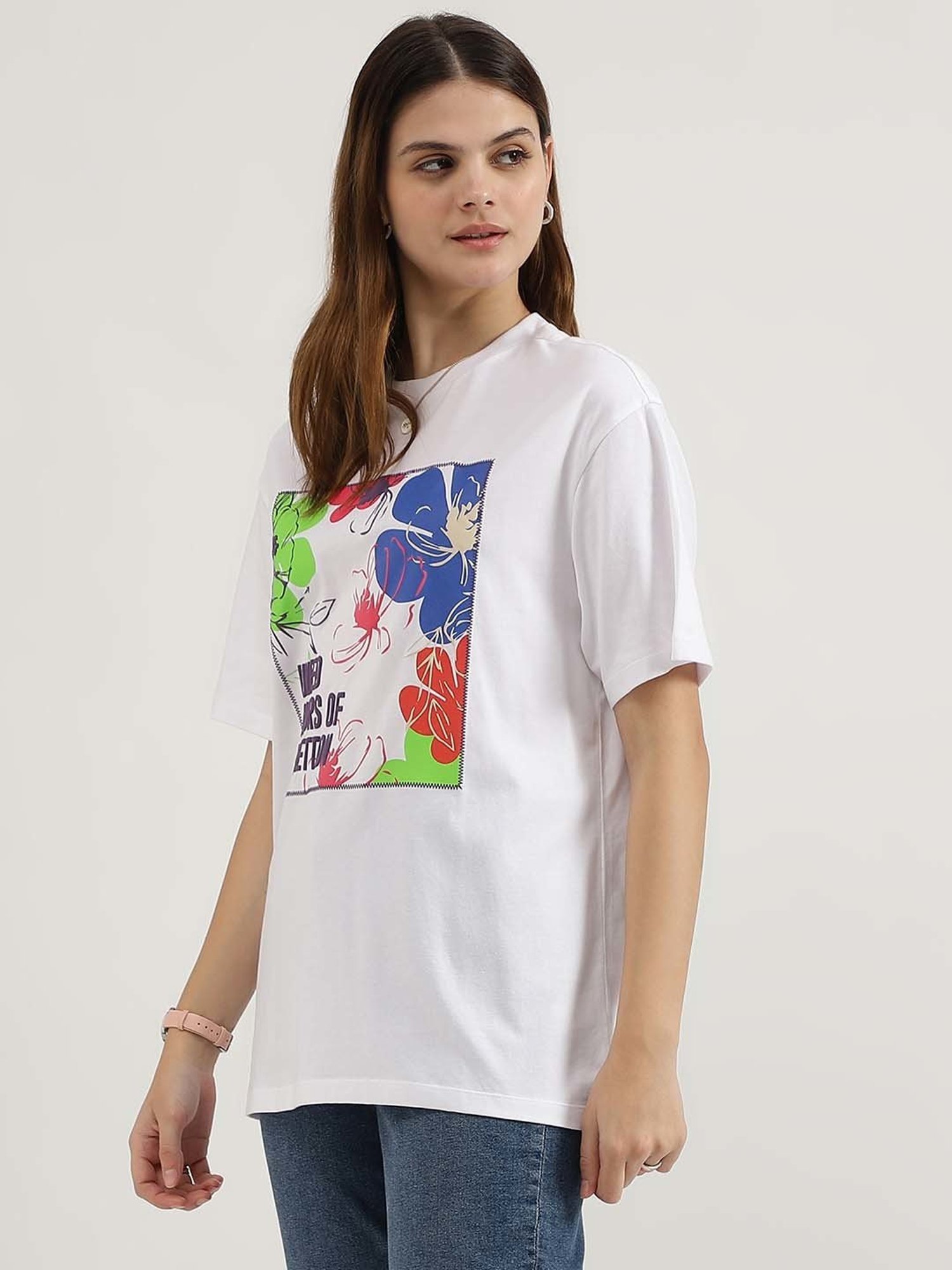 United Colors of Benetton White Cotton Printed T-Shirt