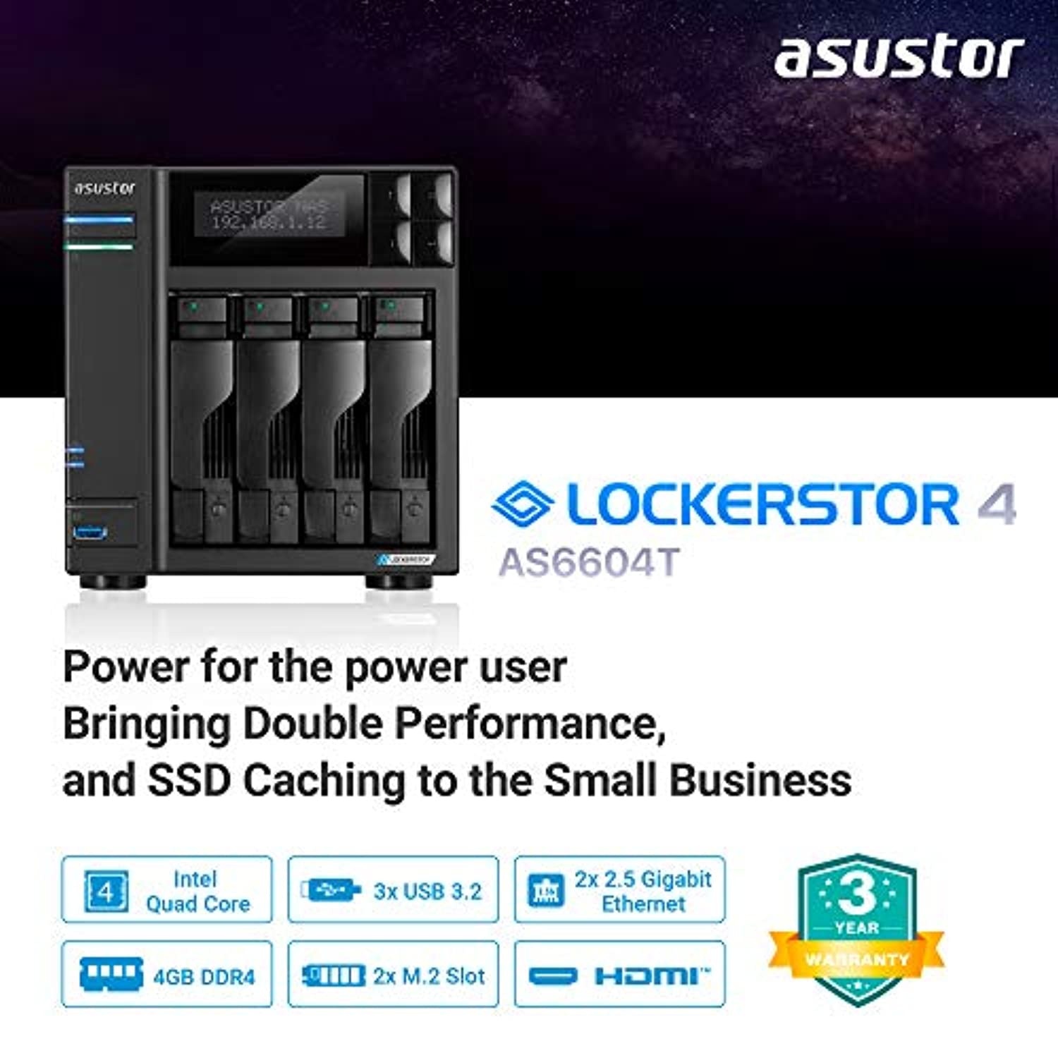 Asustor Lockerstor 4 AS6604T - 4 Bay NAS, Quad-Core 2.0GHz CPU, 2 2.5GbE Ports, 4GB RAM DDR4, 2 M.2 SSD Slots, Network Attached Storage (Diskless) (AS6604T)