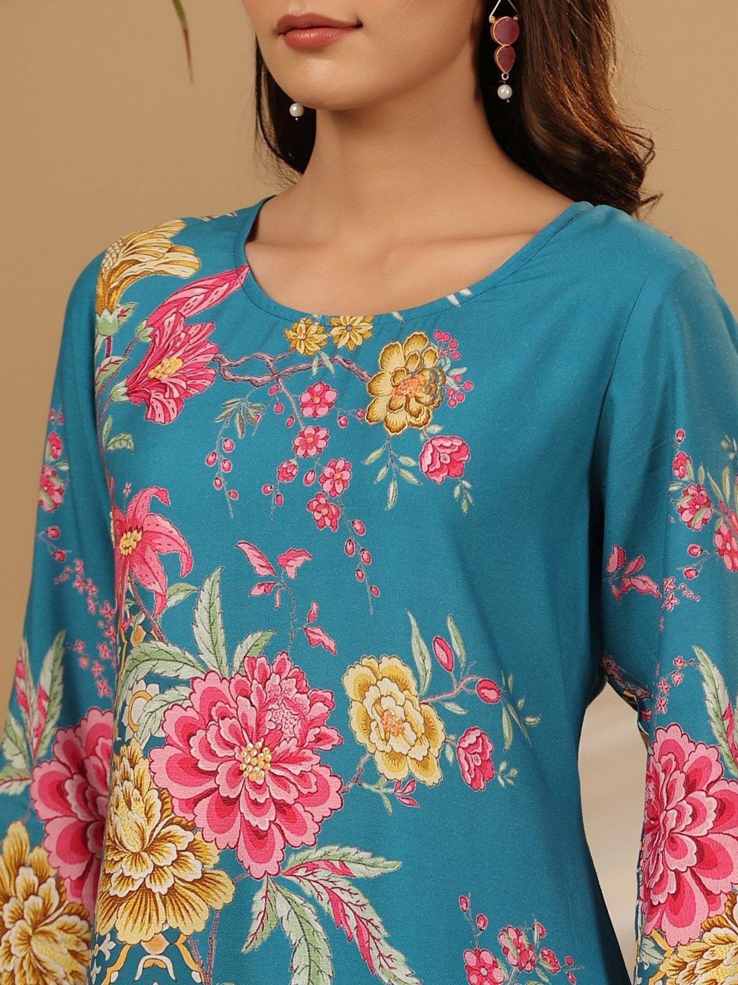 Juniper Blue Floral Printed Rayon Kurta Pants & Dupatta Set With Sequins Work