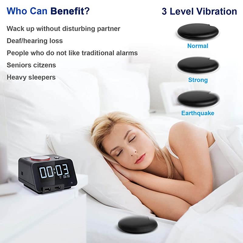 Alarm Clocks with Wireless Shaker 3 Level Intense Vibrating Shaker for Heavy SleepersDeafHearing Disorder Digital Alarm Clocks with Speaker amp Dual Charging Ports Black