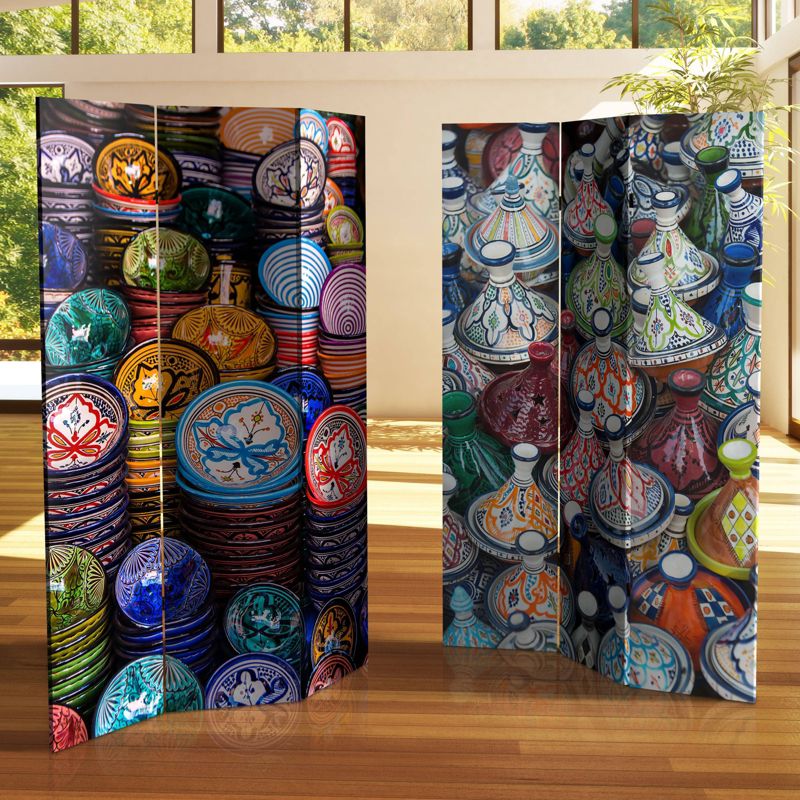 6" Double Sided Ceramic Bazaar Canvas Room Divider Blue/Red - Oriental Furniture