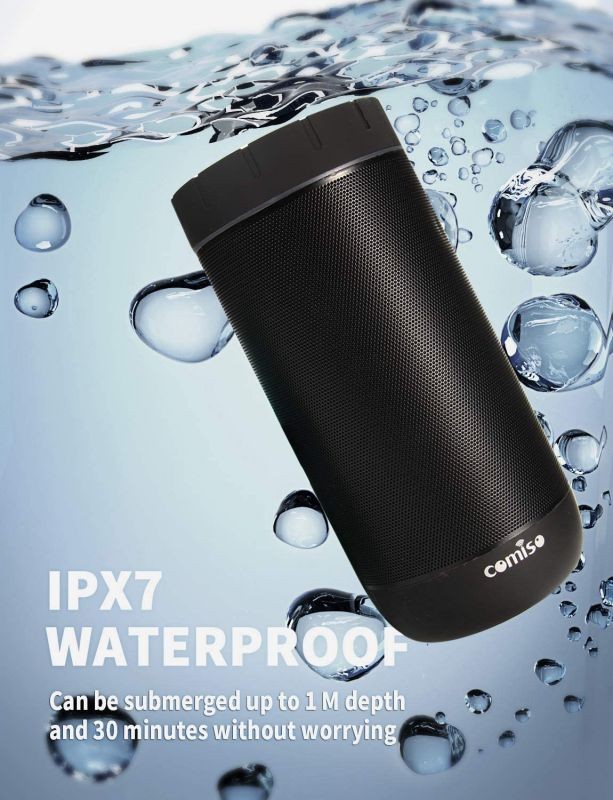 COMISO Bluetooth Speaker Waterproof IPX7 (Upgrade) 25W Wireless Portable Loud Surround Sound Strong Bass Stereo Pairing 36 Hours Playtime, Bluetooth 5.0 Built in Mic for Calls Office Black