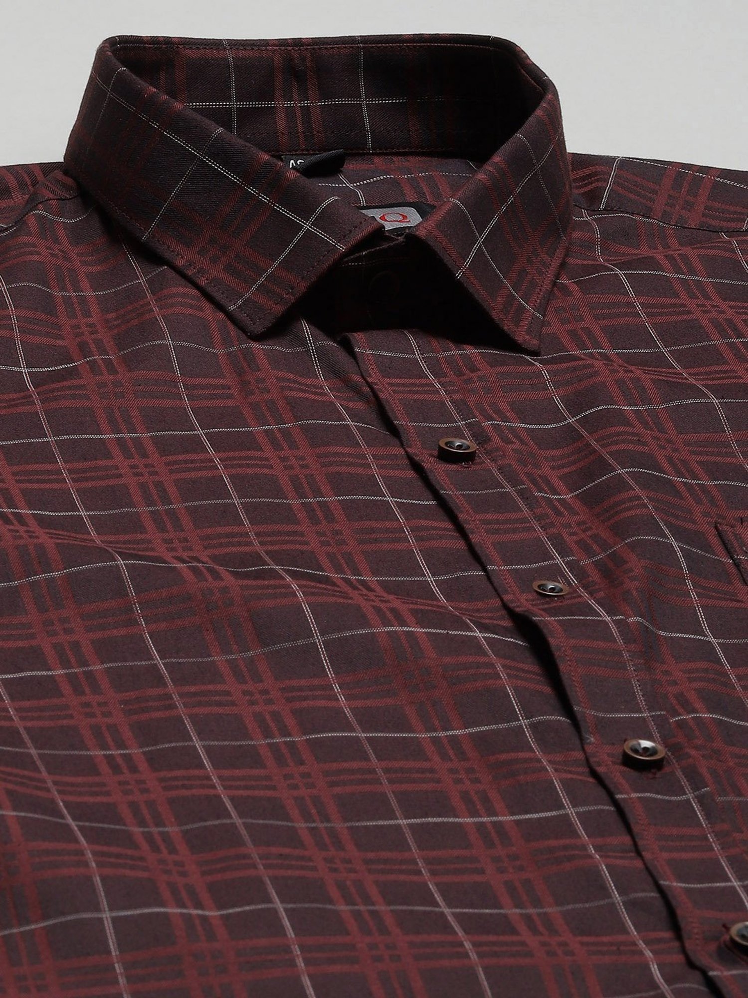 ManQ Dark Maroon Cotton Regular Fit Checks Shirt