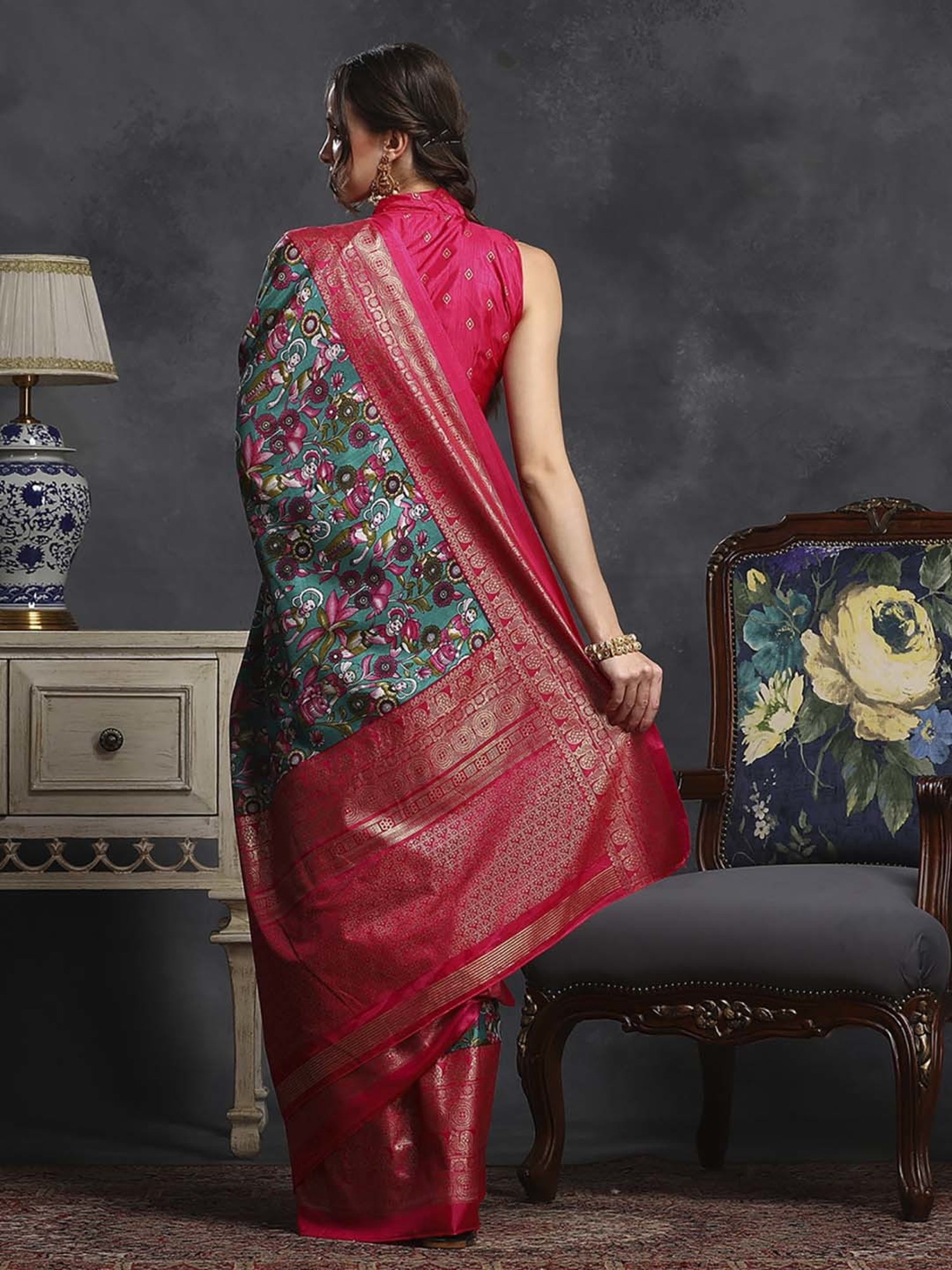 Saree Mall Blue & Pink Silk Printed Saree With Unstitched Blouse