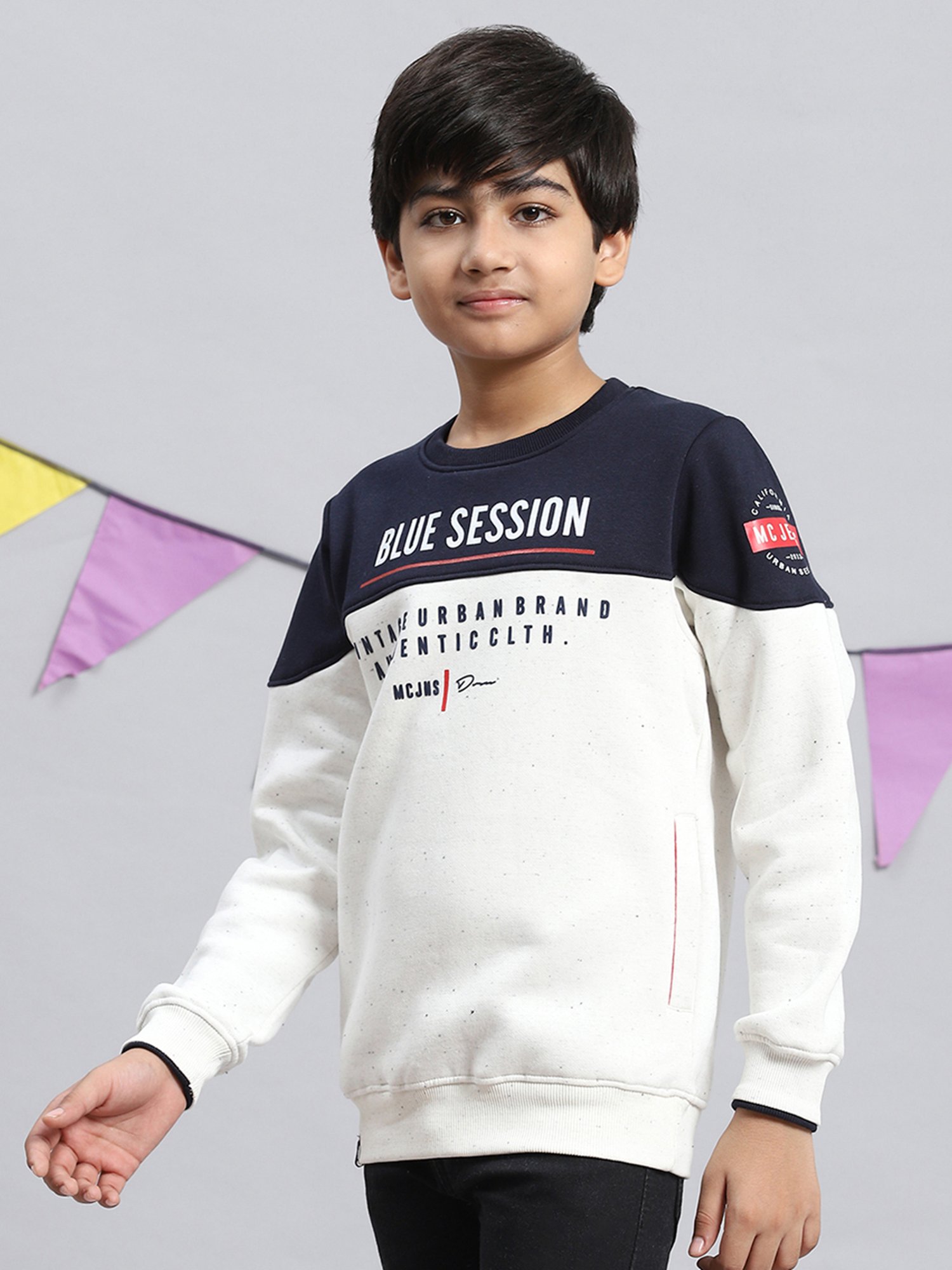 Monte Carlo Kids Off White & Navy Printed Full Sleeves Sweatshirt