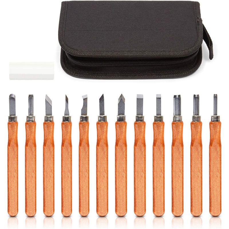 Bright Creations 12 Piece Wood Carving Tools Set for Beginners with Wooden Handles and Storage Case, Arts and Crafts