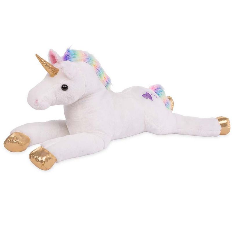 Magic Cabin - Razzle the 40"L Jumbo Plush Unicorn with Embroidered Hearts, and Rainbow Tail and Mane