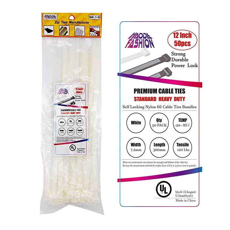Large 120LBS Tensile 12 Inch Heavy Duty White Industrial Durable Cable Ties Garden Ties 50 Pack
