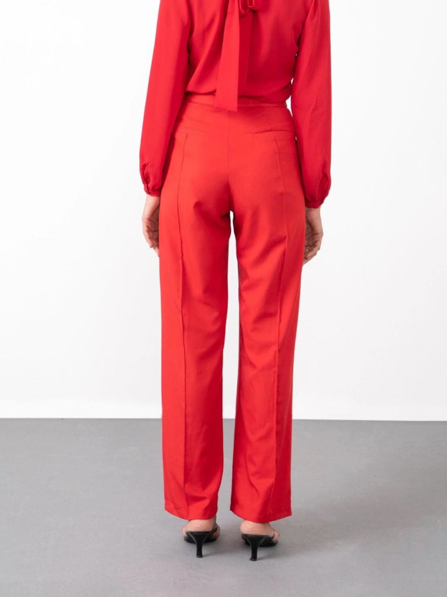 Qua Apple Red Creased Wide Leg Trousers