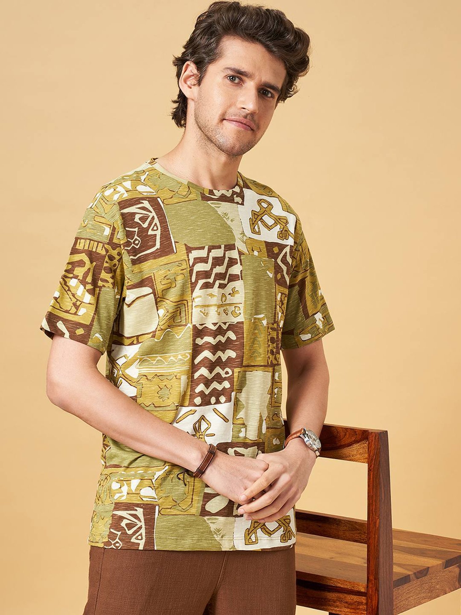 7 Alt by Pantaloons Light Green Cotton Relaxed Fit Printed T-Shirt