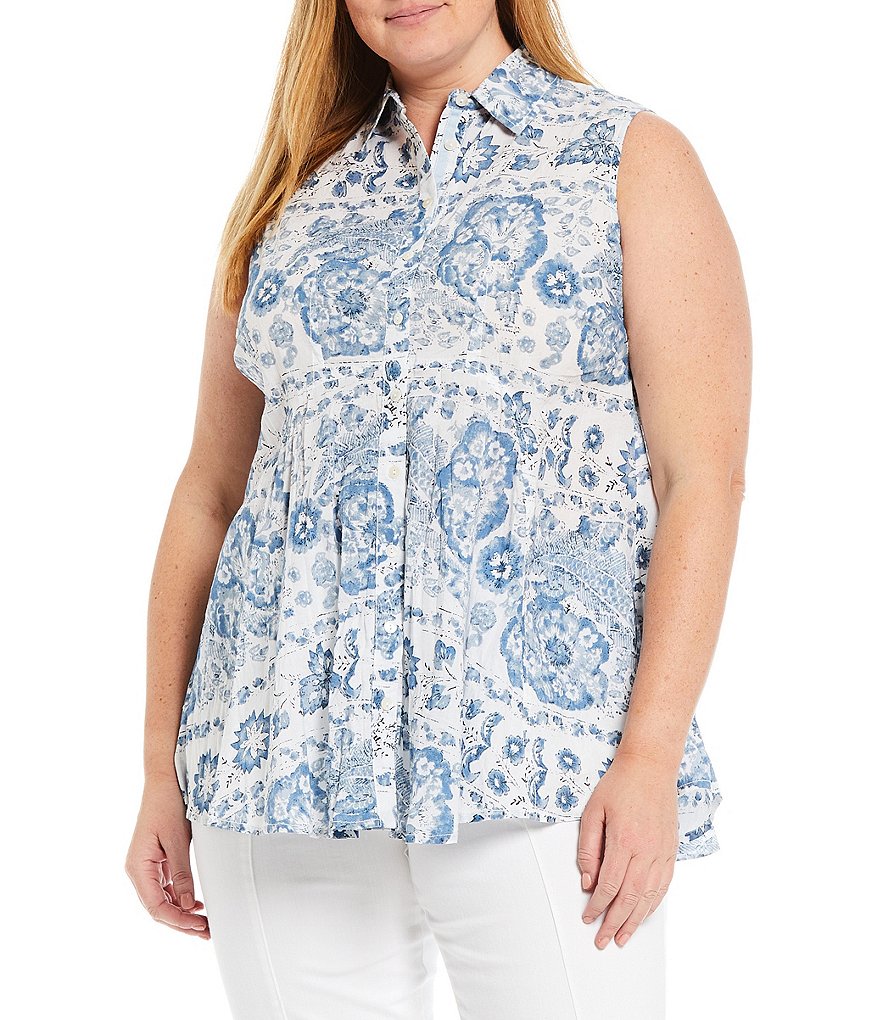 Intro Plus Size Point Collar Neck Sleeveless Floral Print Button-Down Broomstick Tunic
