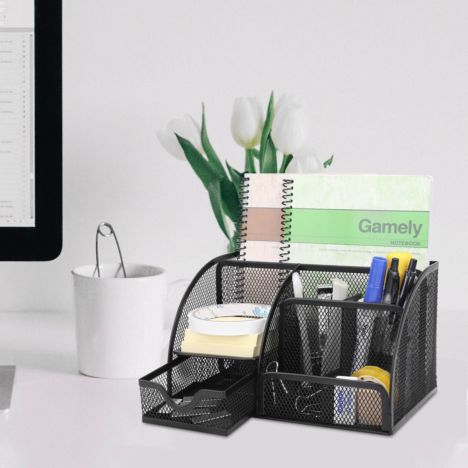 Desk Organizer Office Supplies Accessories Desktop Tabletop Sorter Shelf Pencil Holder Caddy Set - Metal Mesh with Drawer and 6 Compartments (Black)
